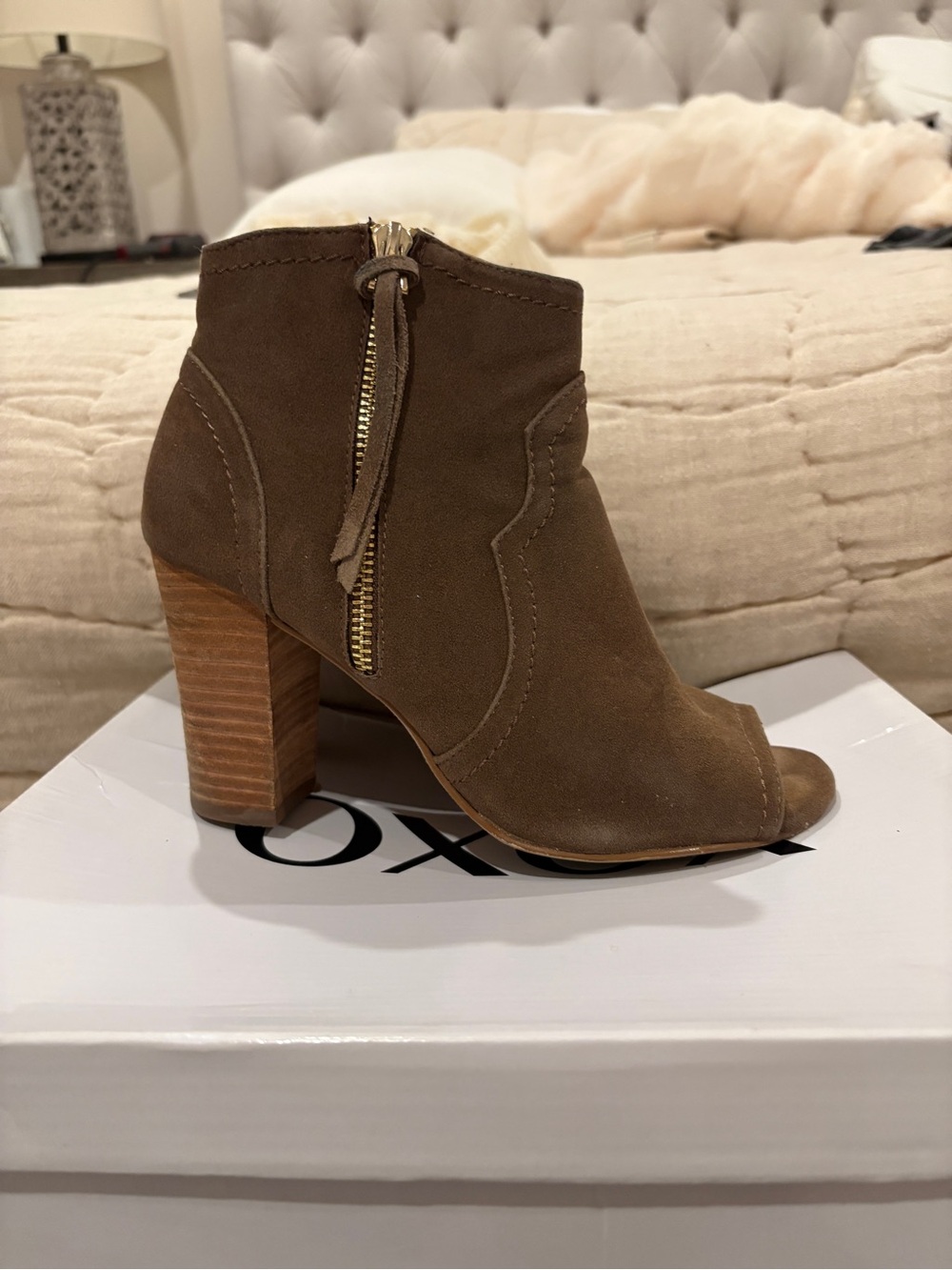 XOXO Taupe Suede Peep-Toe Ankle Booties